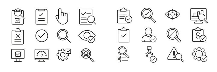 Collection of outlined icons representing various activities in business and data analysis on a simple background