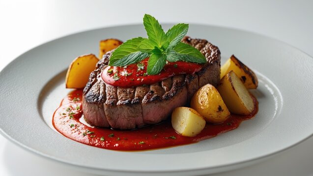 A slice of tuna served with grilled vegetables. Isolated tuna on a white background.