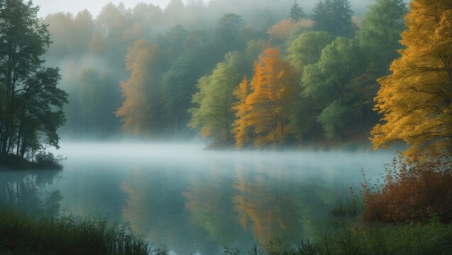 A peaceful mountain scene featuring a misty lake encircled by dense forest during sunset in Wyoming, USA