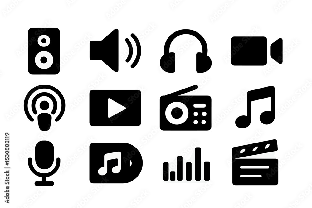 Poster collection of multimedia icons representing sound, video, and music elements for digital content cre