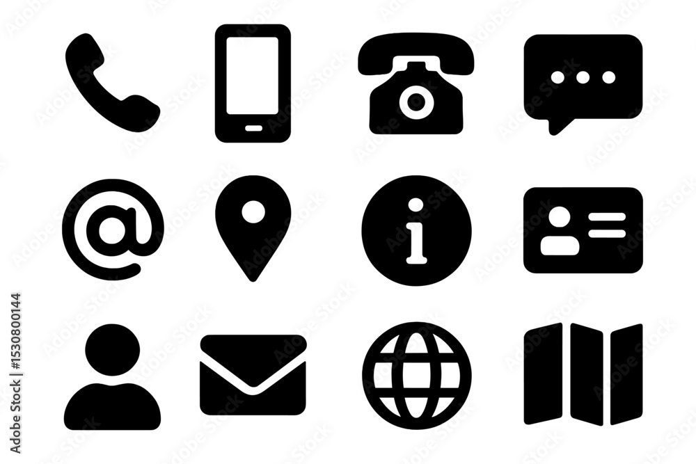 Poster various black icons representing communication tools, location, and personal information display in 