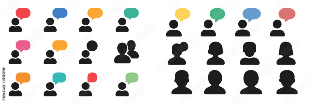 Poster various silhouettes of people with colorful speech bubbles representing diverse conversations and ex
