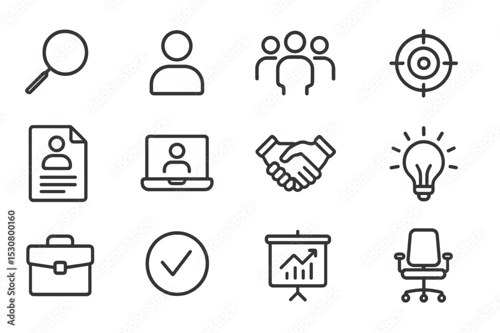 Poster icons representing various aspects of job recruitment and professional networking in a minimalist st