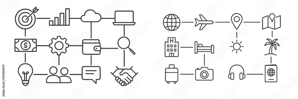 Poster exploring concepts of business success and travel planning through interactive symbols and designs