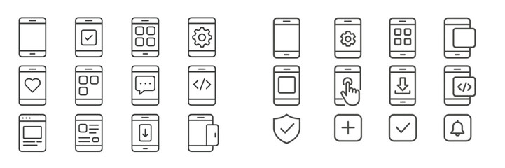 Set of simple line icons representing mobile app features for user interface design and development purposes
