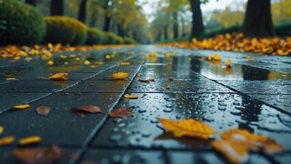 Autumn leaf descending onto the wet floor following rain in the park