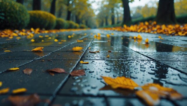 Autumn leaf descending onto the wet floor following rain in the park