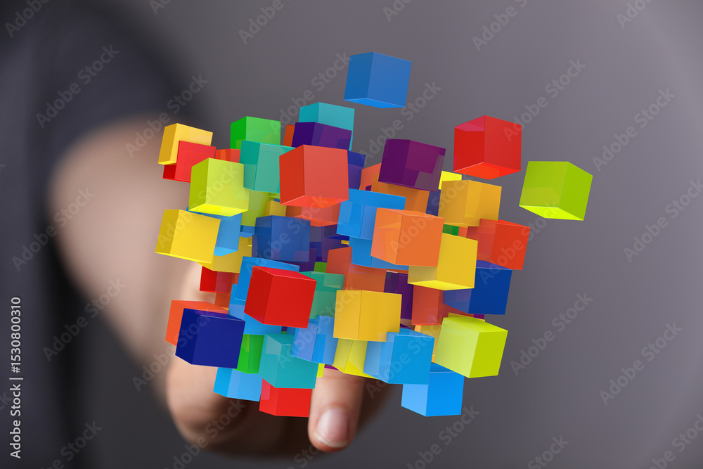 Poster abstract image of colorful cubes representing innovation, technology, and creative solutions.