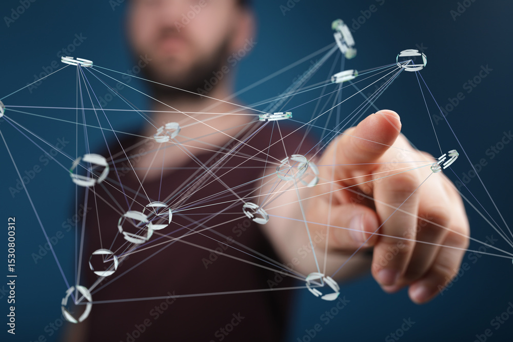 Fototapete Abstract image of a person connecting nodes in a network. Represents connectivity, technology, and relationships.