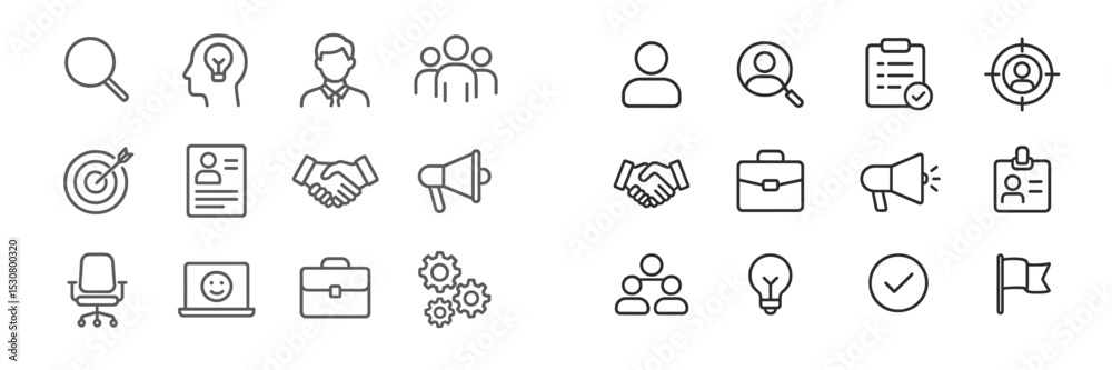 Poster visual representation of teamwork, analysis, and business concepts in a minimalistic icon style