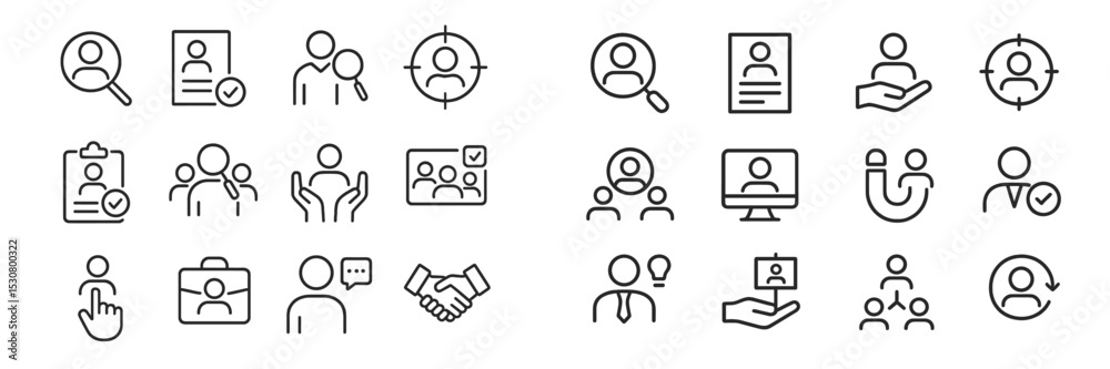 Poster Collection of minimal line icons representing various aspects of recruitment and human resources in a professional setting
