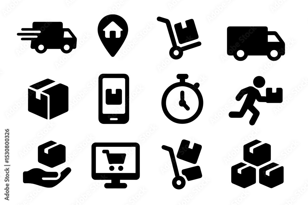 Poster Delivery and logistics icons representing various stages of the shipping process in a minimalistic style