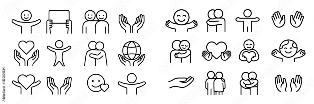 Poster collection of simple line drawings illustrating various concepts of connection, love, and support am
