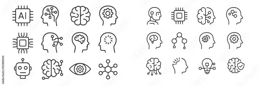 Aufkleber Collection of simple line drawings illustrating artificial intelligence concepts and human interaction with technology in a modern design