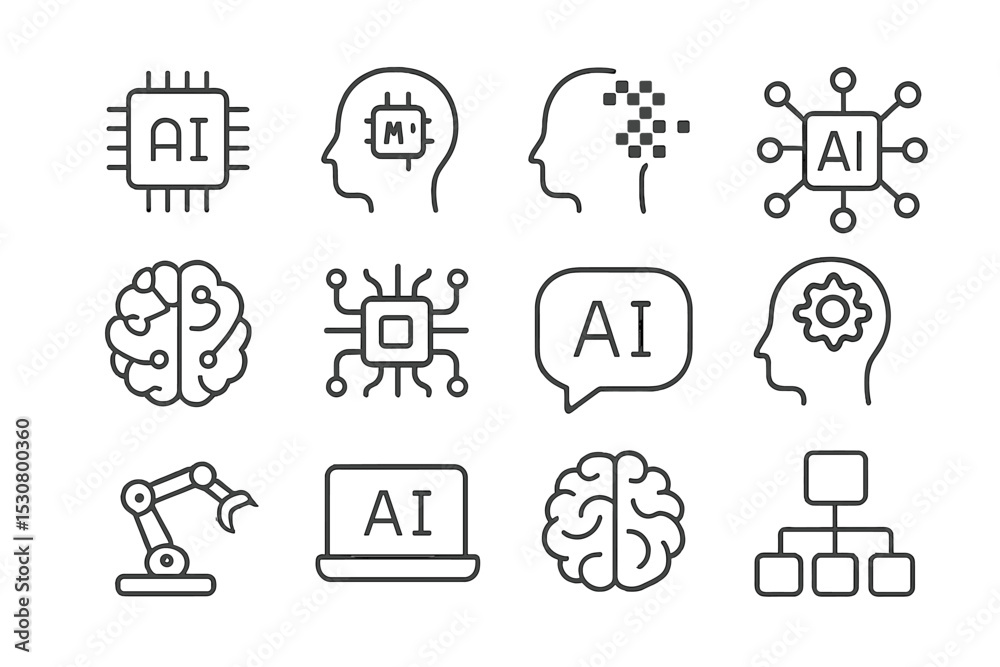 Poster Exploration of artificial intelligence concepts through various visual representations and symbols