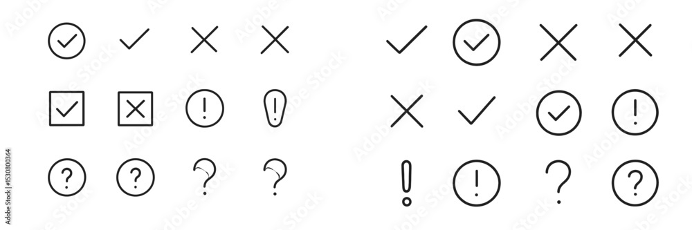 Poster collection of various symbols including check marks, crosses, question marks, and exclamations again