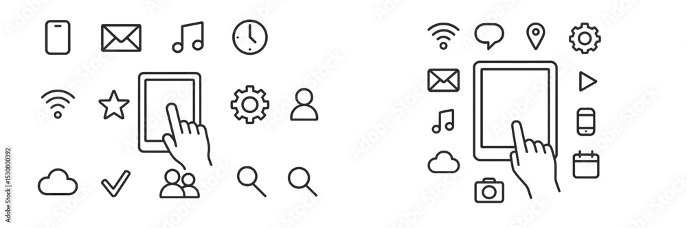 Poster Illustrations of digital device interaction with various icons representing connectivity, apps, and communication methods