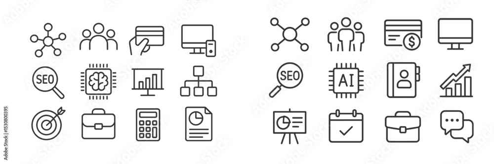 Poster icons representing digital marketing concepts and strategies for businesses displayed on a graphic b