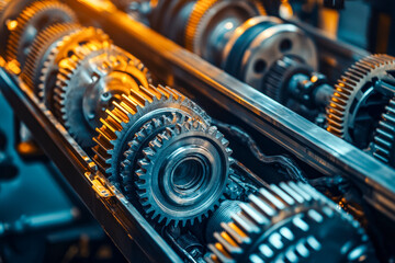 Fototapeta premium Close-up of metallic gears and mechanical components in industrial machinery