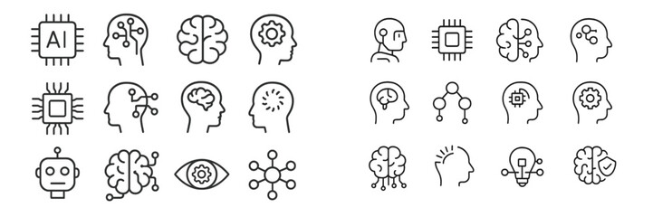 Collection of simple line drawings illustrating artificial intelligence concepts and human interaction with technology in a modern design