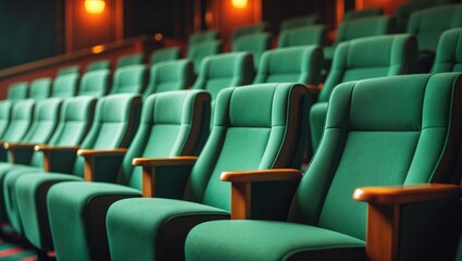 Obraz premium A line of green comfortable chairs in an opera theater or music hall with no audience present; very shallow depth of field, emphasizing number 1.