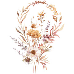 Greeting card with dry autumn flowers, birthday and wedding invitation, summer background, botanical watercolor art, floral arrangement, vector illustration, seasonal nature design.