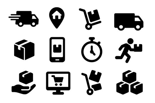 Delivery and logistics icons representing various stages of the shipping process in a minimalistic style