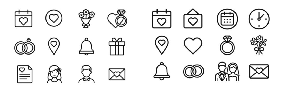 Wedding planning icons featuring hearts, rings, calendars, and floral arrangements for special occasions