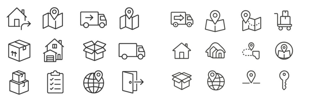 Various transportation and logistics icons representing delivery, location tracking, and moving services in a modern design