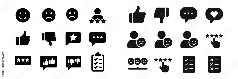 Poster Various simple black icons representing emotions, ratings, and communication in flat design style for user feedback components