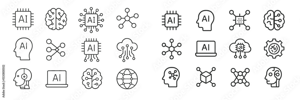 Aufkleber collection of various ai-related icons depicting brain networks, processors, and technology symbols 