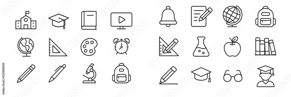 Poster variety of educational icons representing different subjects and tools for learning in a simple line
