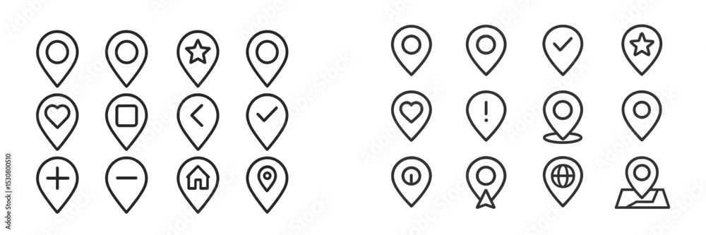 Aufkleber Various location markers and icons in minimalist design arranged in a grid format on a light background