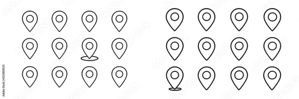 Poster Collection of location markers arranged in a grid pattern with varying designs and orientations suitable for maps and navigation tools