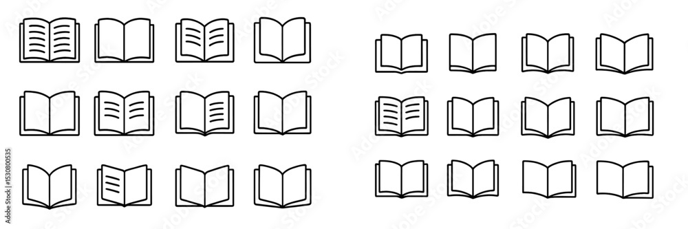 Poster Collection of outlined book icons arranged in a grid pattern showcasing various open and closed orientations