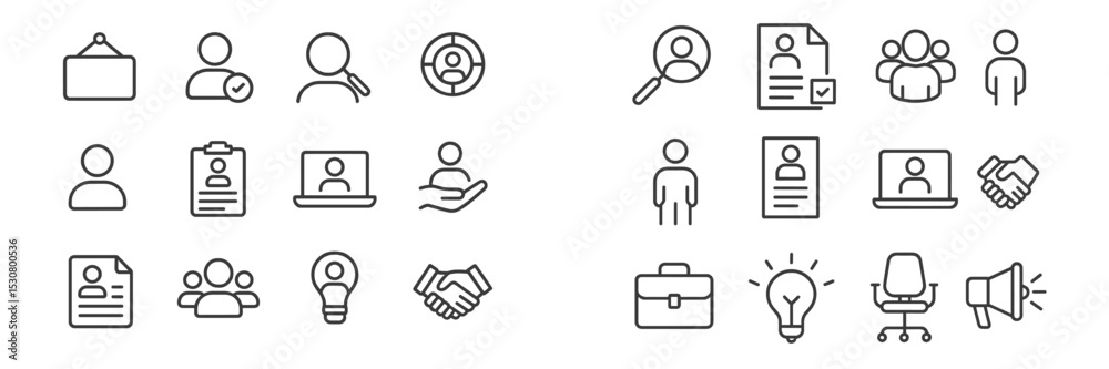 Poster Collection of minimalistic icons representing various professional activities and human interactions in a modern design style