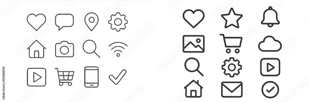 Poster Icon set featuring various symbols for communication, navigation, and multimedia applications in a minimalistic style