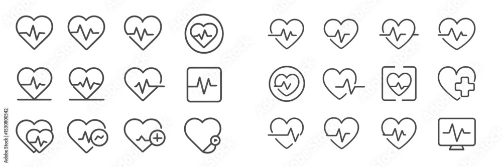 Poster collection of heart rate line icons depicting health and wellness concepts in a minimalistic design
