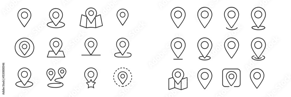 Poster Various location icons depicting maps, pins, and coordinates arranged in a neat grid for digital navigation purposes