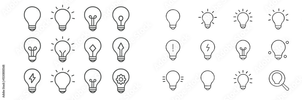 Poster collection of various light bulb illustrations featuring different designs and symbols, showing dive