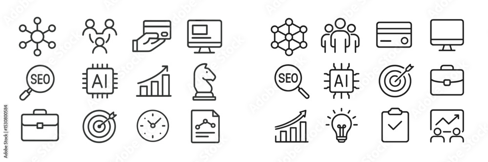 Aufkleber Collection of business and technology icons highlighting data analysis and digital marketing concepts in a linear style