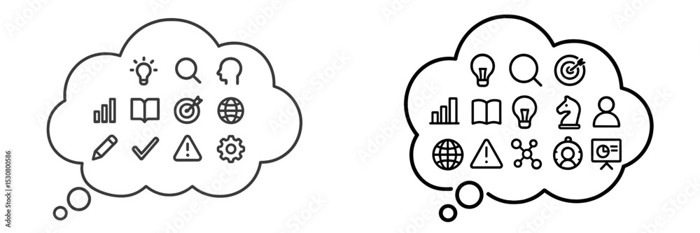 Poster thought bubbles filled with various icons representing creativity, knowledge, and planning for a pro