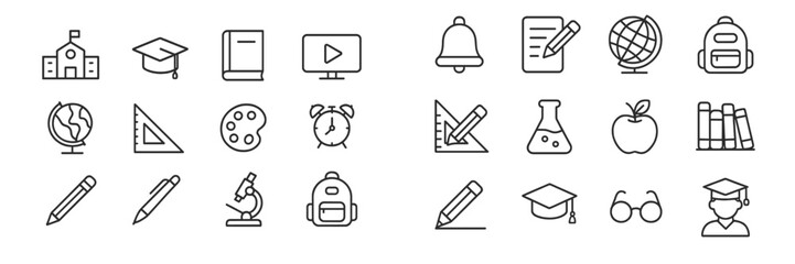 Variety of educational icons representing different subjects and tools for learning in a simple line art style