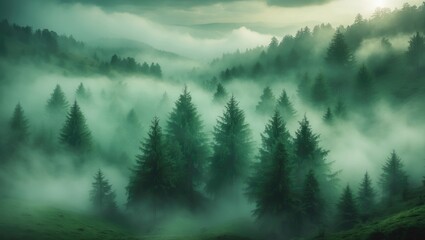Fototapeta premium A peaceful misty forest, with thick fog weaving among towering trees, creating a mystical and tranquil atmosphere.