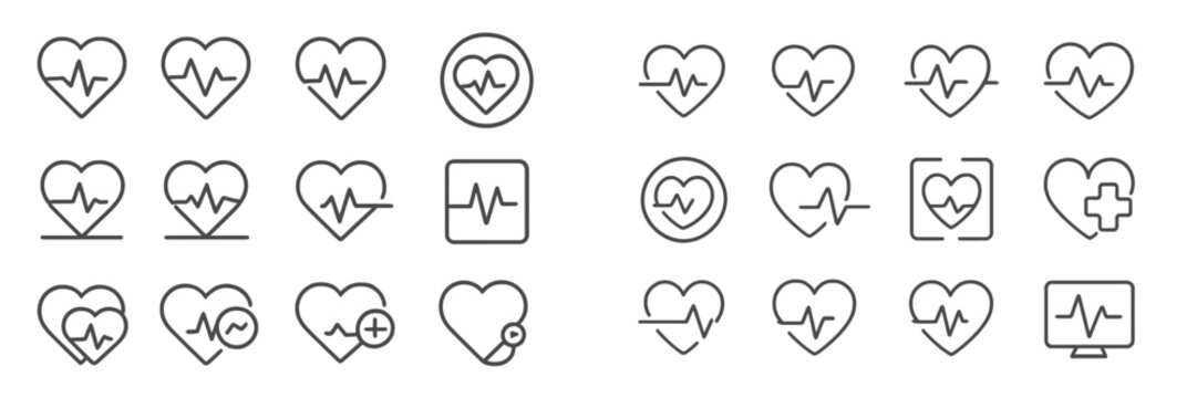 Collection of heart rate line icons depicting health and wellness concepts in a minimalistic design