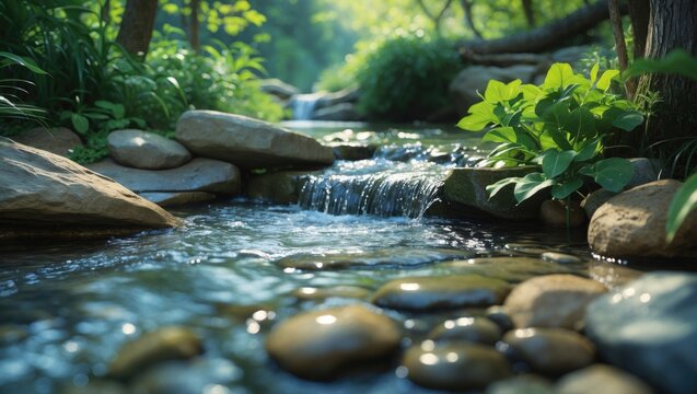 A peaceful natural stream flowing over rocks amidst lush green vegetation, with the water cascading softly to create a tranquil setting.