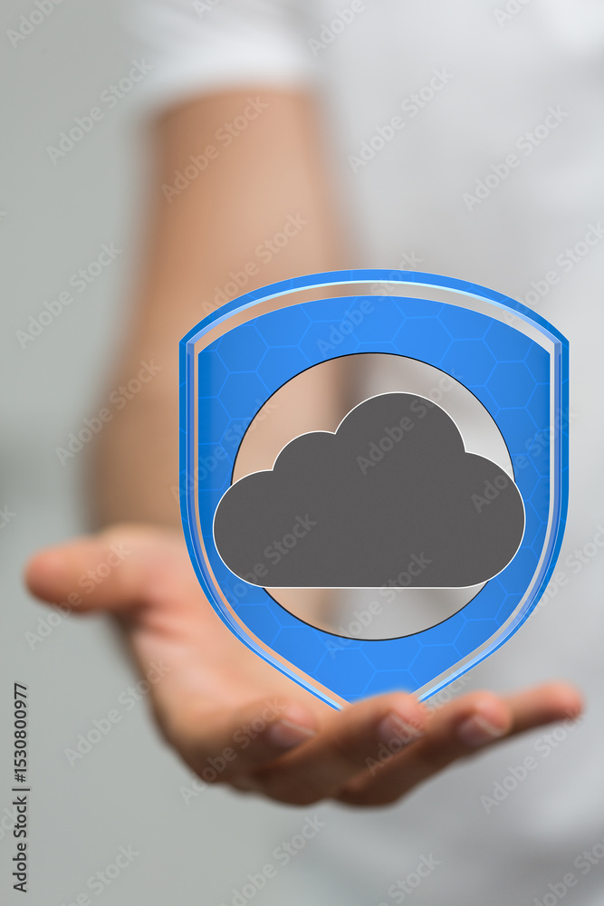 Poster image of a hand holding a cloud with a protective shield. ideal for cybersecurity, data safety, and 