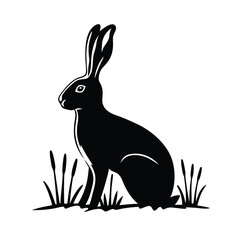 A black rabbit is resting among plants in a simple silhouette
