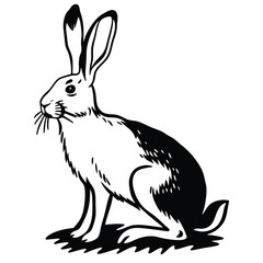 Monochrome drawing shows a rabbit sitting attentively while its ears stand straight upward