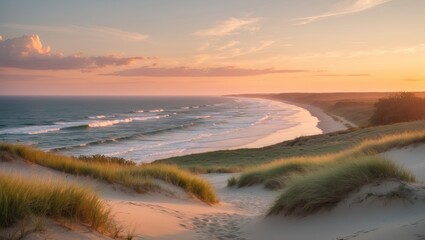 A sunset scene of the sea and canal seen from a patch of dunes amidst the open outdoors, showcasing a wild vista of a coastline